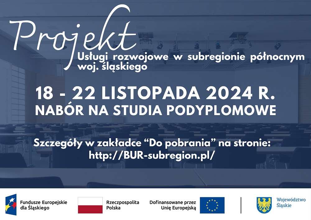 Plakat dot. projektu &bdquo;Usługi rozwojowe w&nbsp;subregionie p&oacute;łnocnym woj. śląskiego&rdquo;