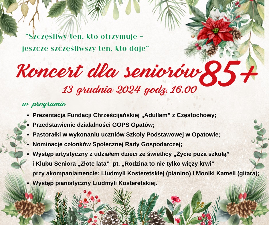 Plakat - Koncert dla senior&oacute;w 85+ (13 grudnia 2024r. godz. 16.00))