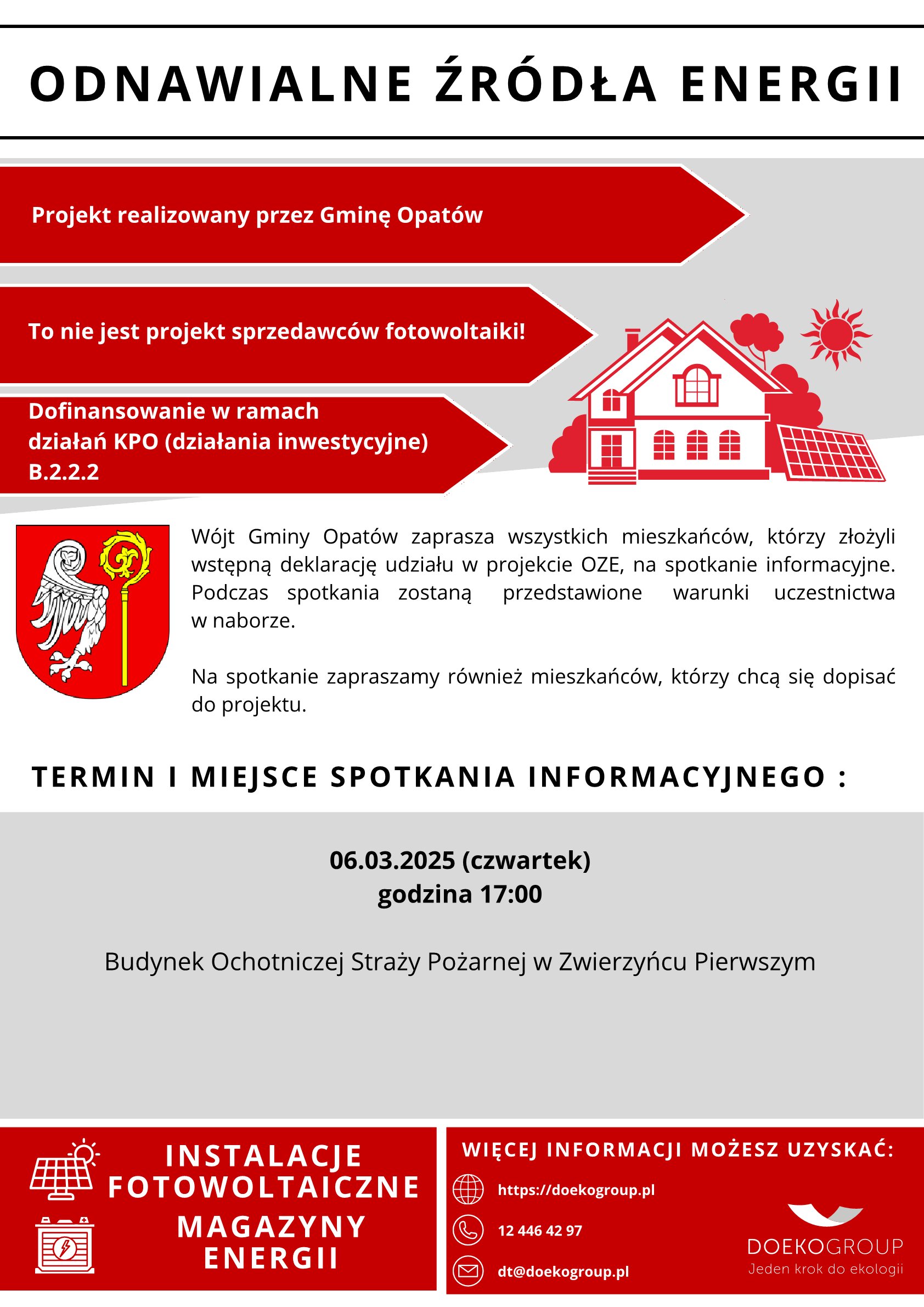 Plakat - Spotkanie informacyjne dot. udziału w&nbsp;projekcie OZE -  06.03.2025 (czwartek) godzina 17:00, Budynek Ochotniczej Straży Pożarnej w&nbsp;Zwierzyńcu Pierwszym 