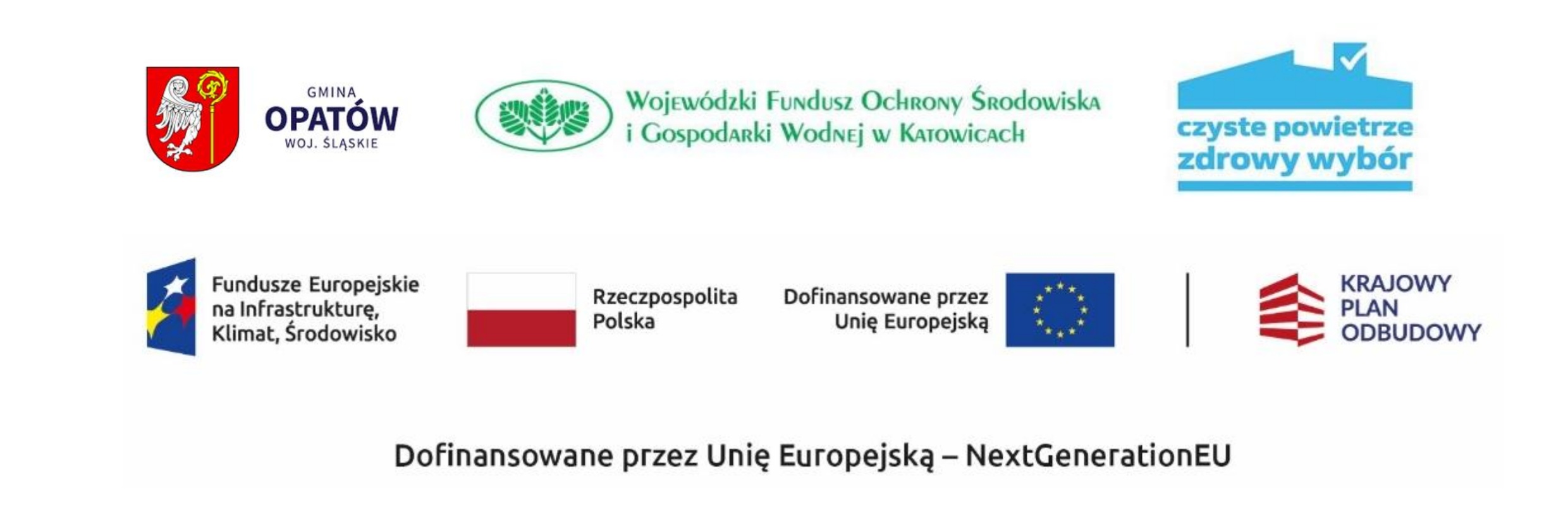 Logotypy Funduszy Europejskich, WFOŚiGW, Programu Czyste Powietrze oraz&nbsp;Herb Gminy Opat&oacute;w