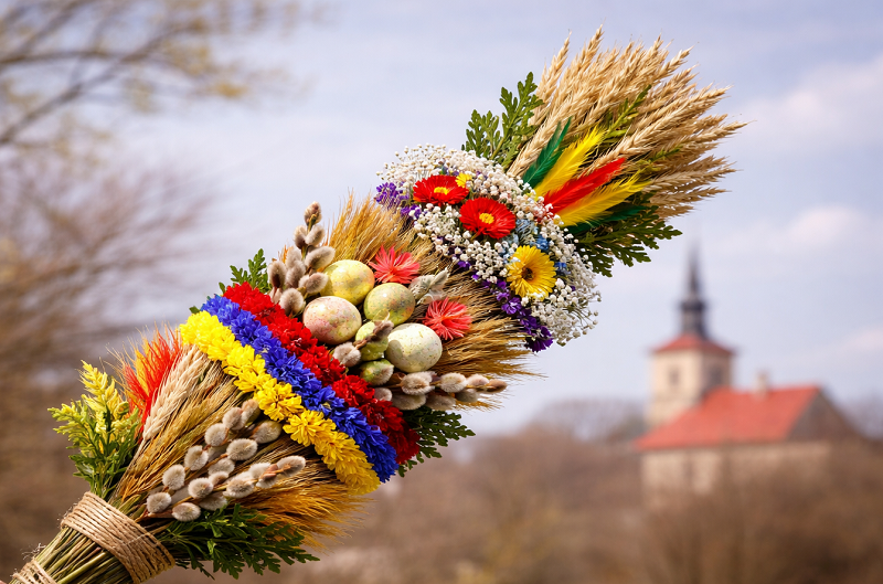 Grafika ilustarcyjna: Palma Wielkanocna na&nbsp;tle kościoła