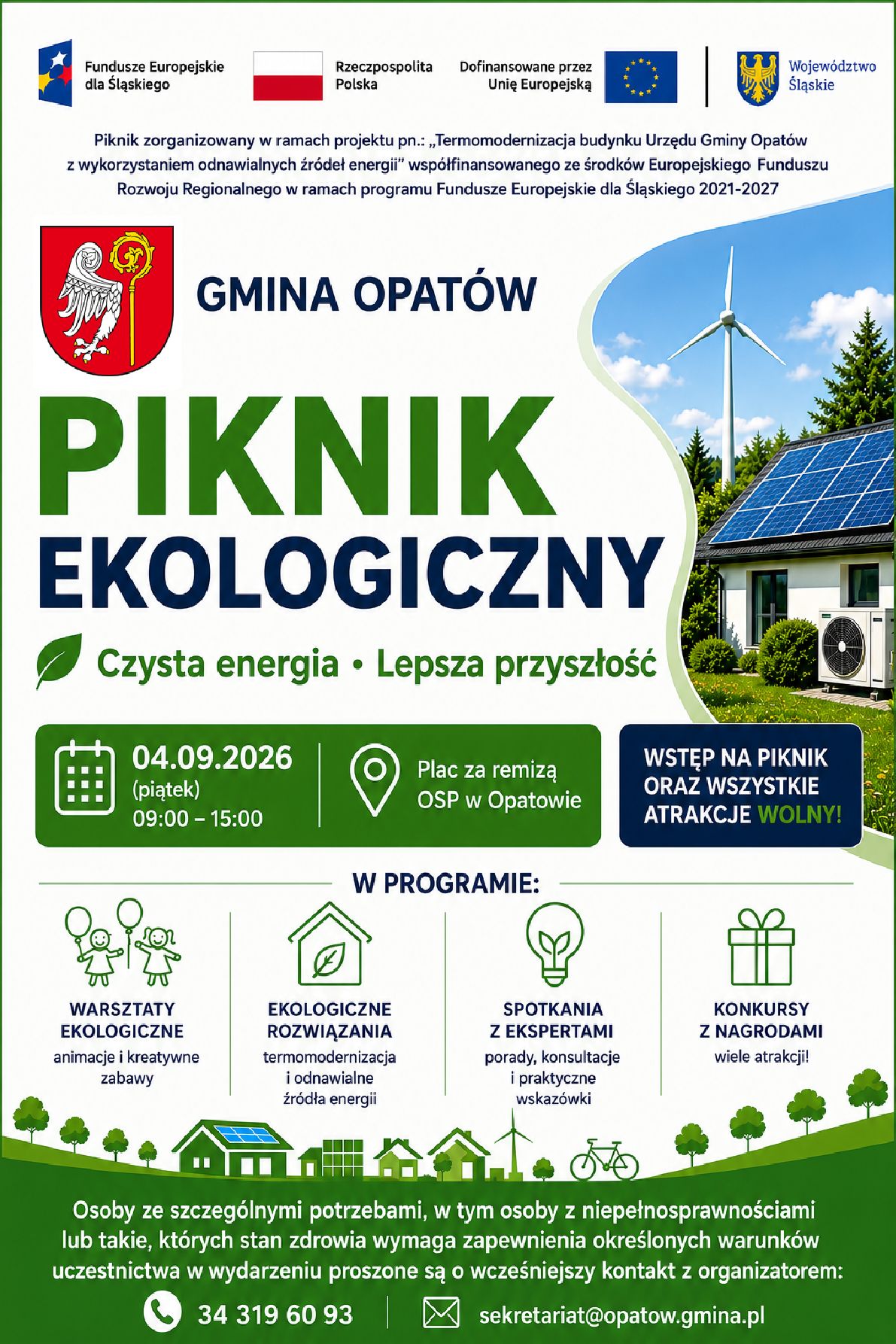 Plakat zapraszający na&nbsp;Piknik Ekologiczny w&nbsp;Opatowie, organizowany 4 września 2026 roku w&nbsp;godzinach 9:00&ndash;15:00 na&nbsp;placu za remizą OSP w&nbsp;Opatowie. W programie warsztaty ekologiczne, prezentacja ekologicznych rozwiązań i&nbsp;odnawialnych źr&oacute;deł energii, spotkania z&nbsp;ekspertami oraz&nbsp;konkursy z&nbsp;nagrodami. Wstęp na&nbsp;piknik i&nbsp;wszystkie atrakcje jest bezpłatny.