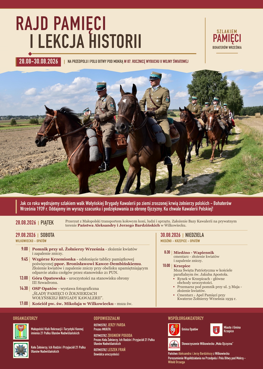 Plakat wydarzenia &bdquo;Rajd Pamięci i&nbsp;Lekcja Historii &ndash; Szlakiem Pamięci Bohater&oacute;w Września&rdquo;, odbywającego się w&nbsp;dniach 28&ndash;30 sierpnia 2026 roku na&nbsp;terenach związanych z&nbsp;bitwą pod Mokrą. Plakat zawiera program uroczystości patriotycznych oraz&nbsp;informacje o&nbsp;organizatorach.