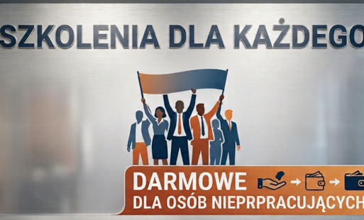 Grafika ilustracyjna (Zdjęcie przedstawia w tle kontury osób podnoszących flagę, nad nimi napis: szkolenia dla każdego, pod nimi napis: darmowe dla osób niepracujących)